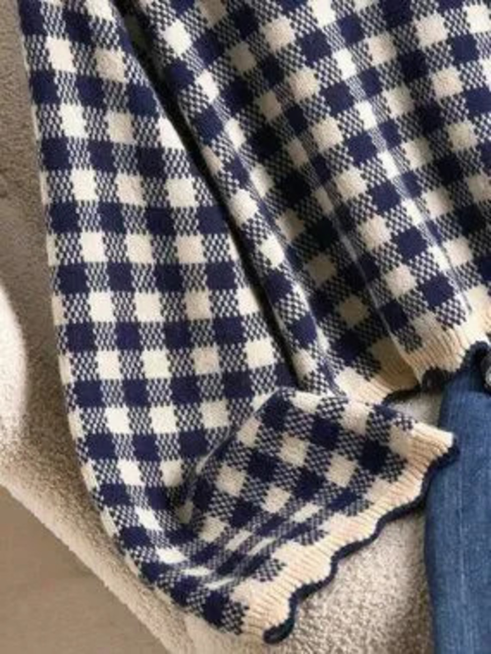ZARA Navy Blue Casual Women's Plus Size Plaid Scalloped Edge Sweater